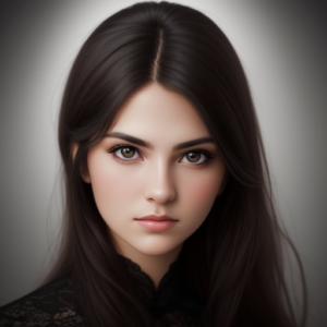 Portrait of a woman with dark hair and striking eyes.