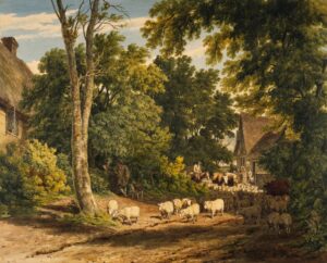 Rustic sheepherding scene with cottage and lush trees.