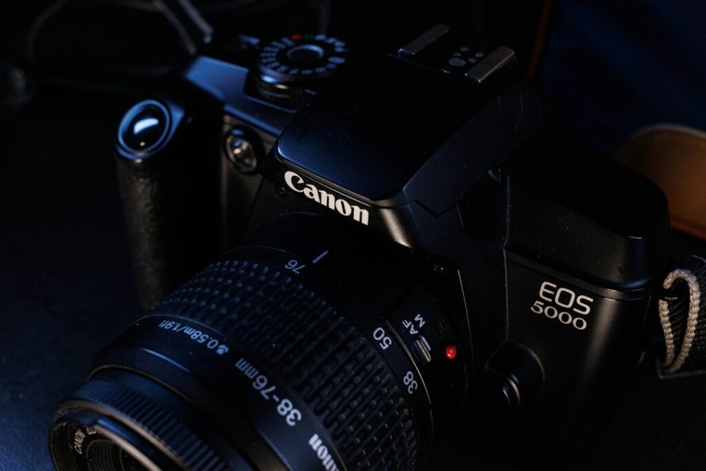 Canon EOS 5000 film camera close-up.