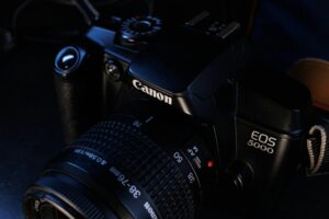 Canon EOS 5000 film camera close-up.