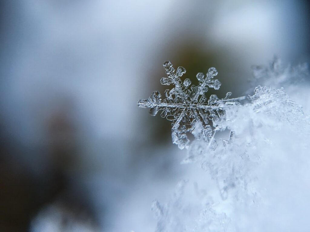 Close-up of a detailed snowflake on snow.