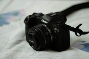 Canon EOS R5 camera on patterned fabric.