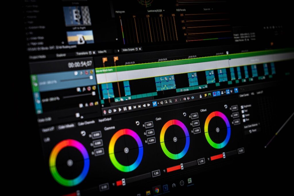 Video editing software interface with color grading tools.
