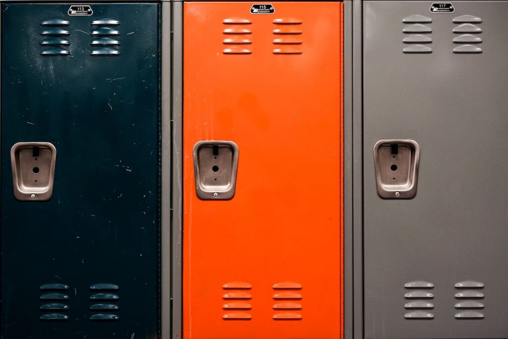 Row of colorful school lockers.