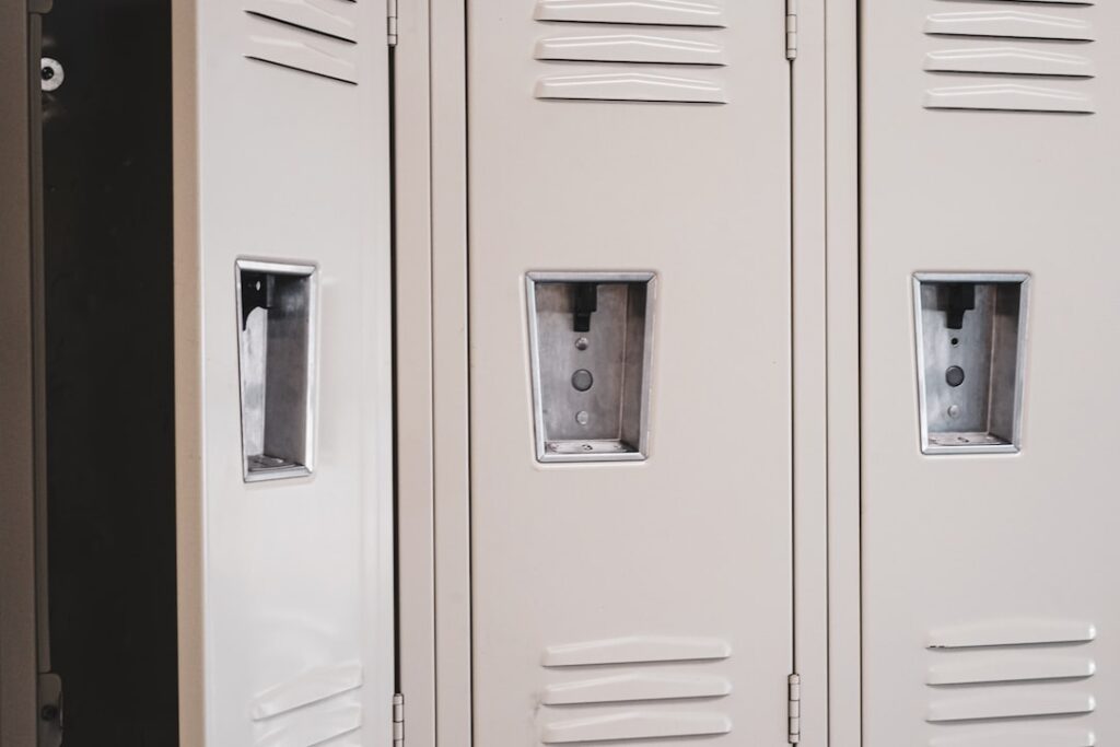 Row of beige school lockers.
