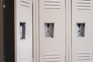 Row of beige school lockers.